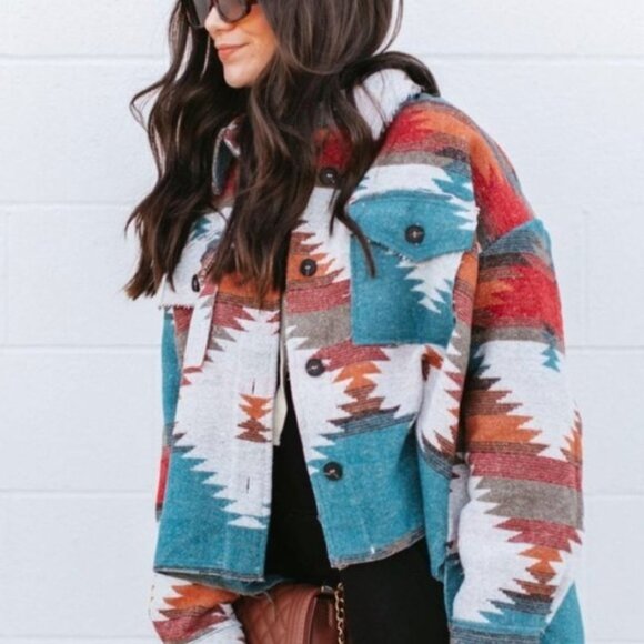 Jackets & Blazers - Multicolor‎ Aztec Tribal Print Button Down Corduroy Shacket Jacket Coat